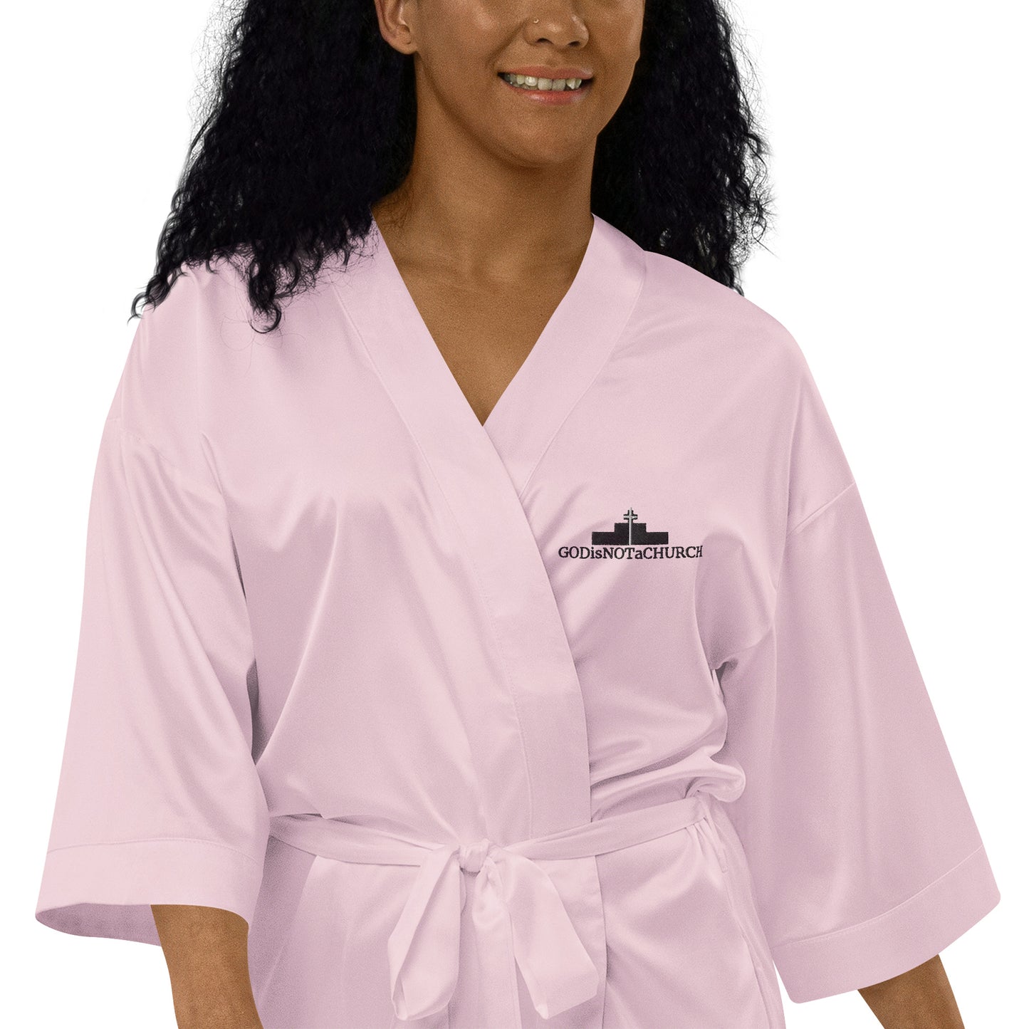 GODisNOTaCHURCH Embroidery Satin robe